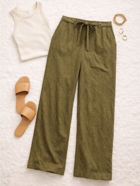ZARA Olive Green Textured Wide Leg Pants XL Zip & Tie Waist Relaxed Chic